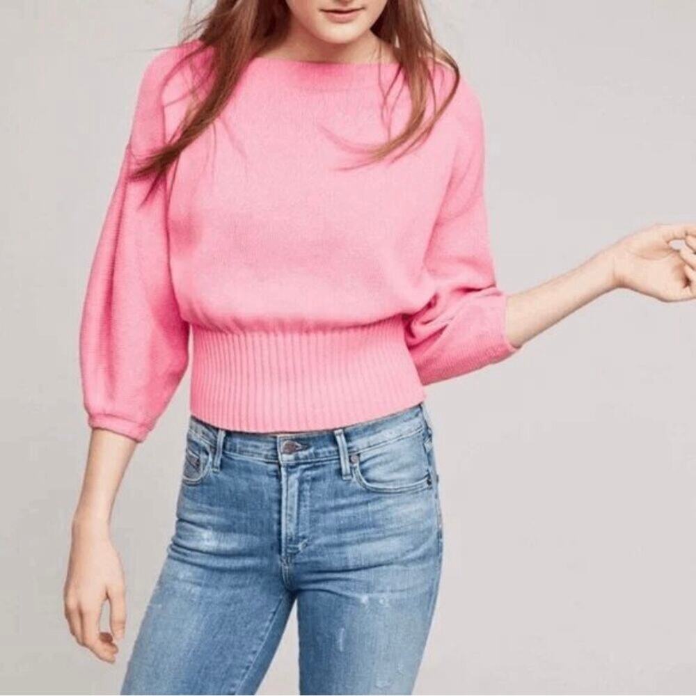 Anthro Knitted & Knotted Balloon Sleeve Pink Sweater - size Small